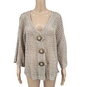Keren Hart Cotton Fishing Net Knit Cardigan Oversized Button Accents Lagenlook